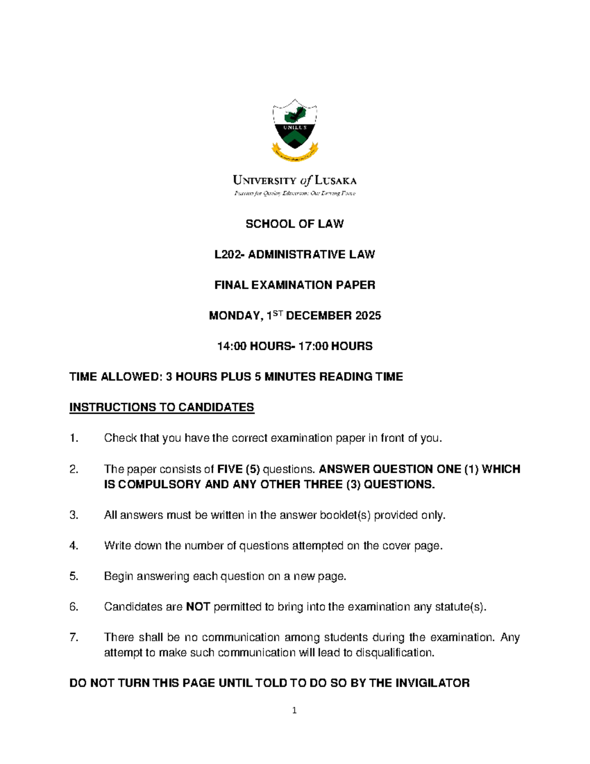 L202 ADMINISTRATIVE LAW FINAL EXAMINATION PAPER - DEC 2025 - Studocu