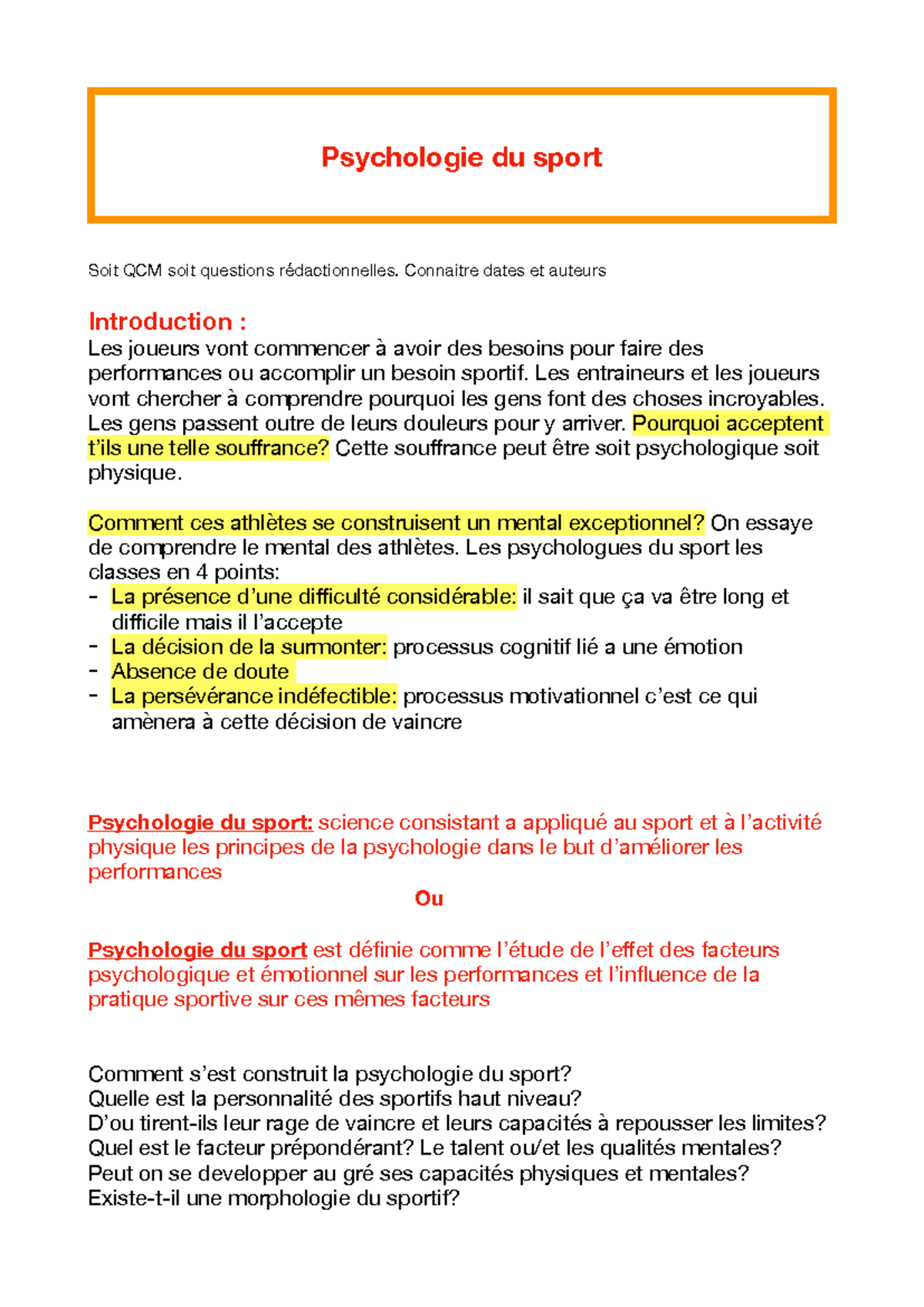 Psychologie du Sport : Concepts et Facteurs de Performance - Studocu
