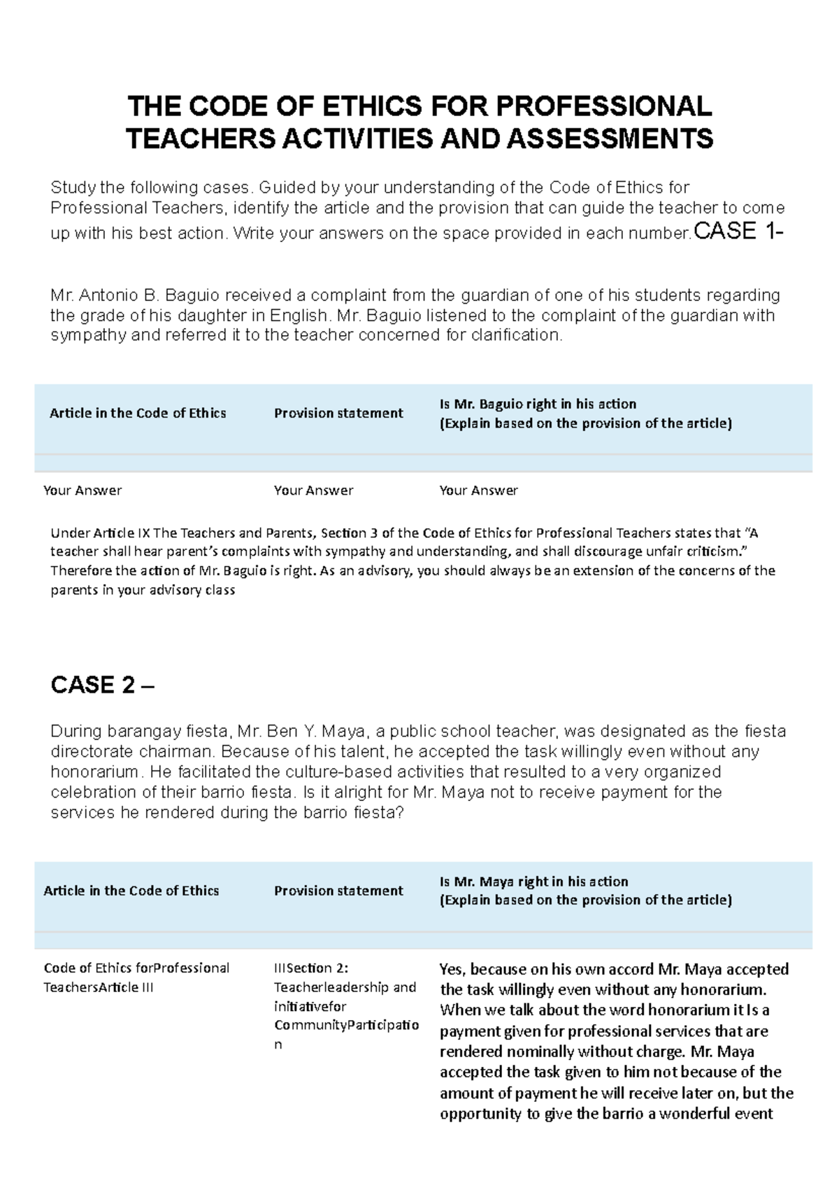 Code of Ethics Activity - Final Assessment Guide for Teachers - Studocu