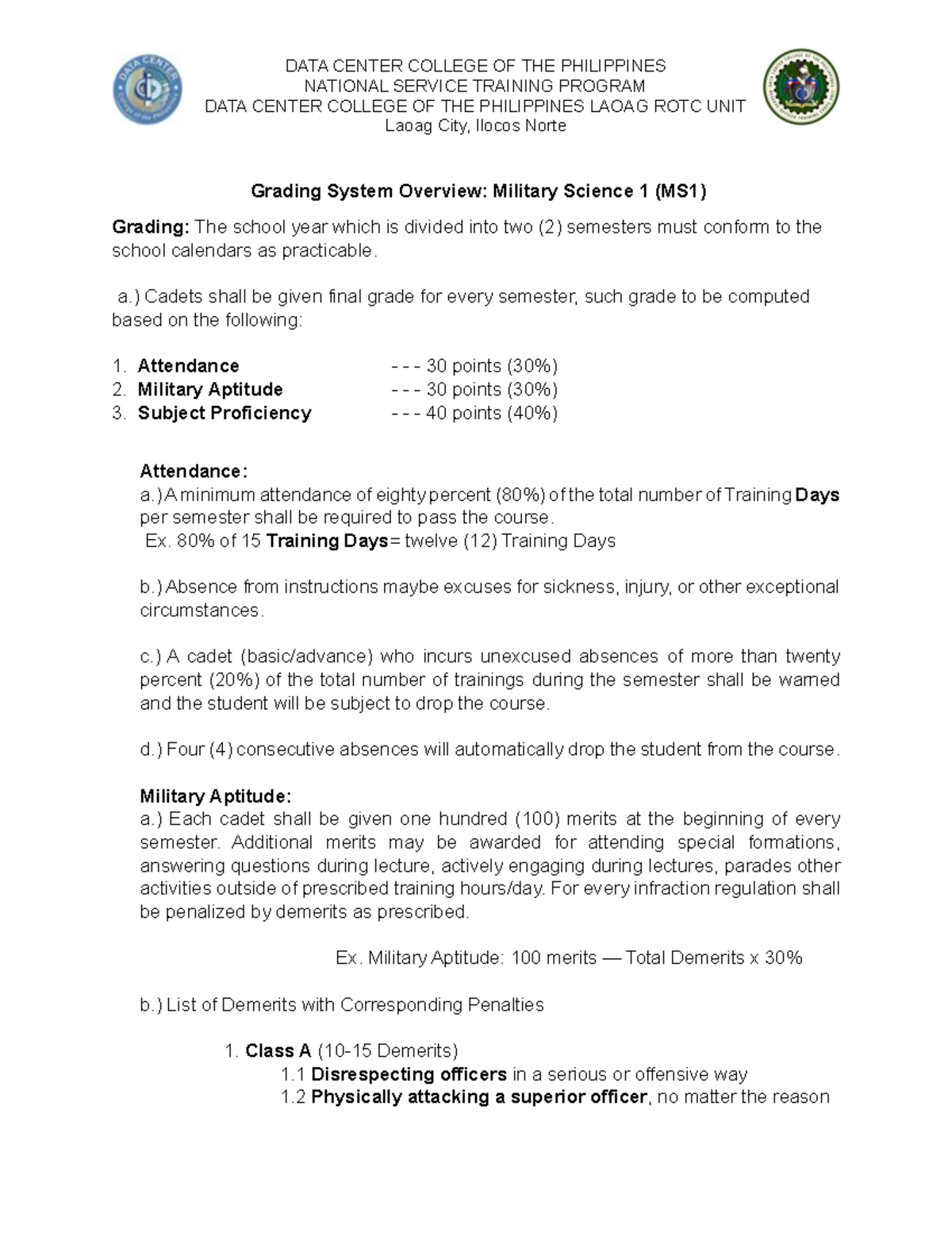 Grading System Overview for MS1 - ROTC Unit at Data Center College ...
