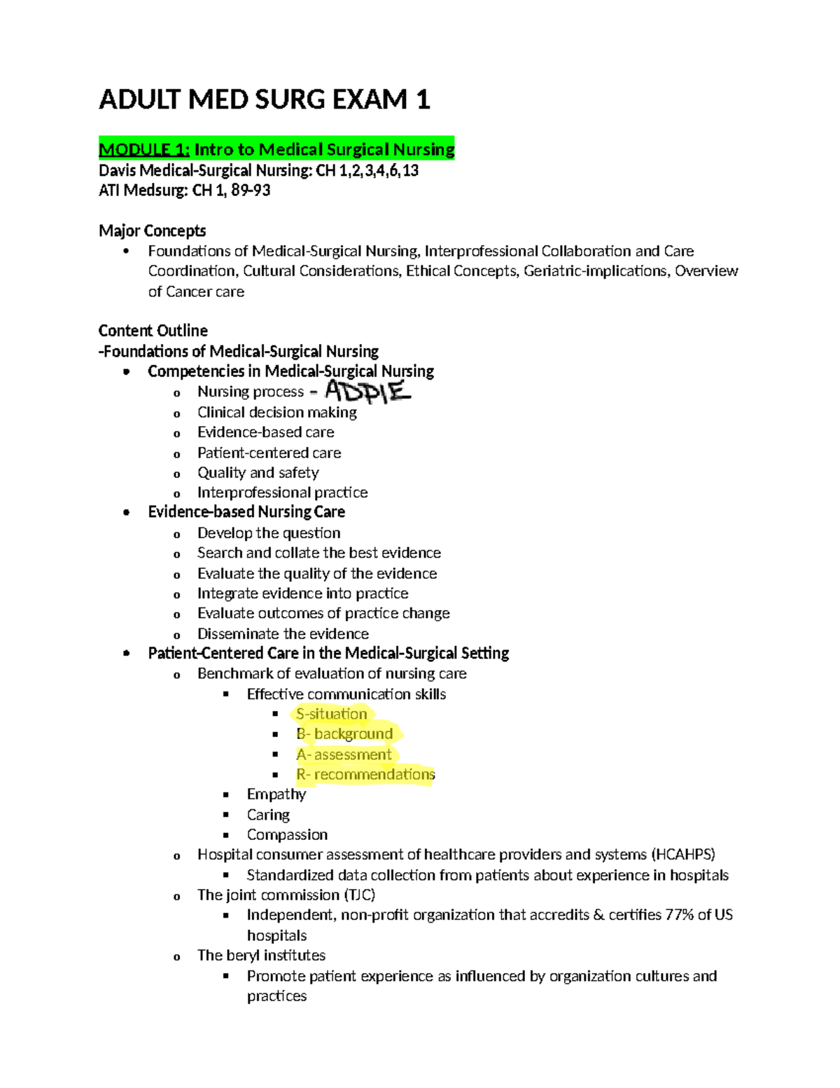 Adult MED SURG EXAM 1 - Comprehensive Study Guide for Exam 1 - Studocu