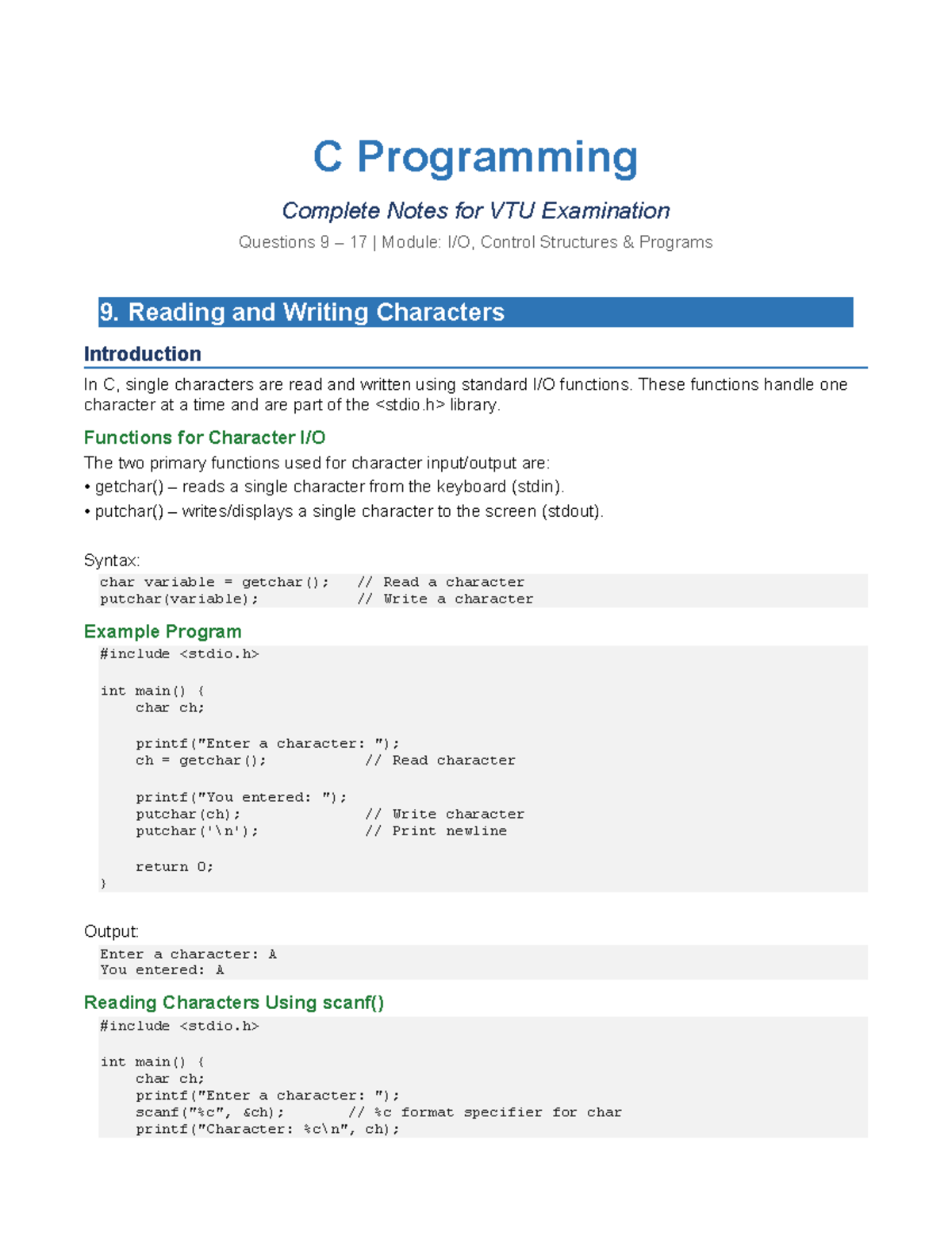 C Programming Notes: Control Structures & Programs Q9-Q17 for VTU Exam ...