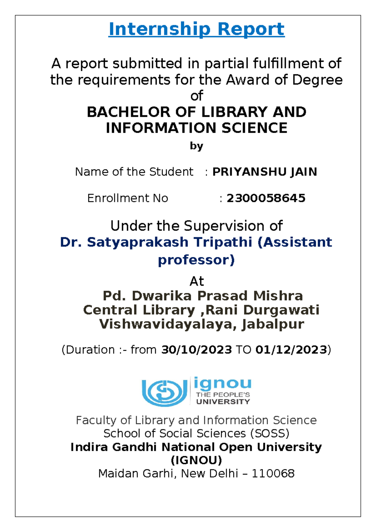 Internship Report: BLIS Program at Pd. Dwarika Prasad Mishra Central ...
