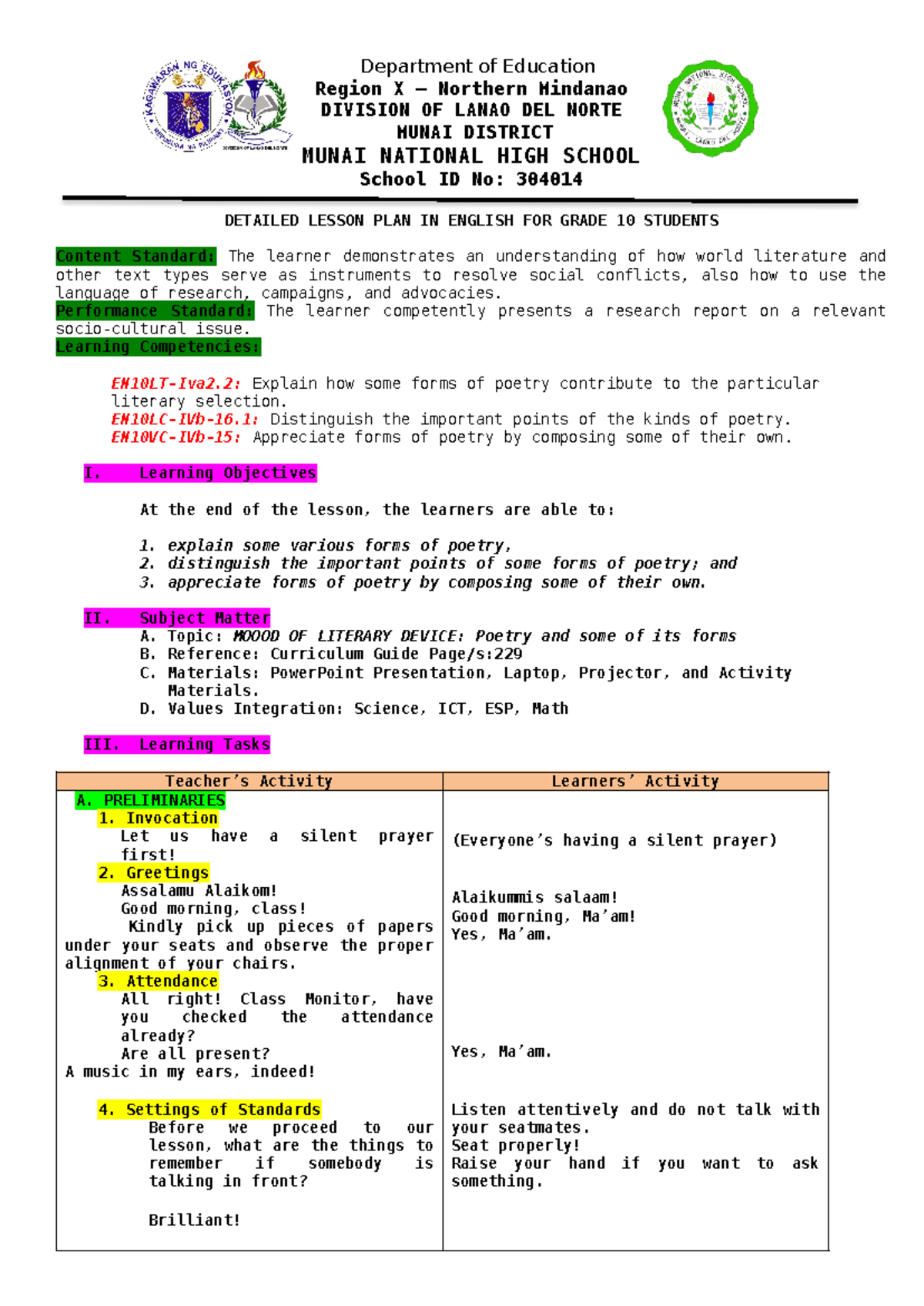 Lesson PLAN ON Grade 10 - Department of Education Region X – Northern ...