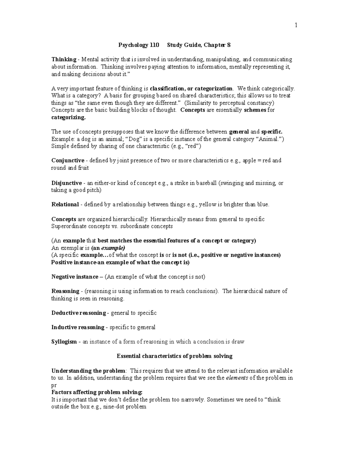Psychology 110: Chapter 8 Study Guide - Thinking & Cognitive ...