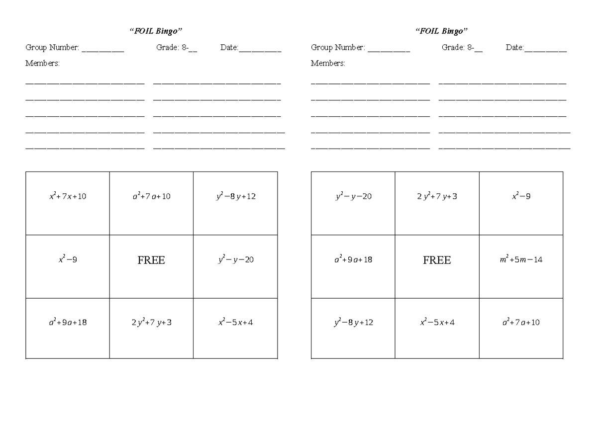 FOIL Bingo - FHFGJVBNV - “FOIL Bingo” Group Number: __________ Grade: 8 ...