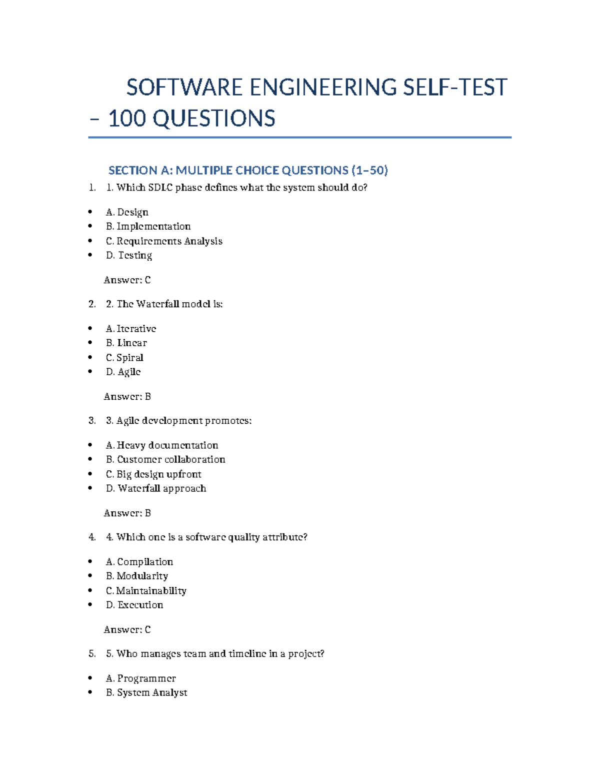 Software Engineering 100 MCQs Self Test for SE 101 - Studocu