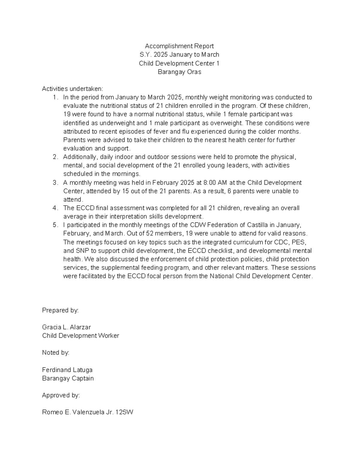 Accomplishment Report for Child Development Center 1 (Jan-Mar 2025 ...