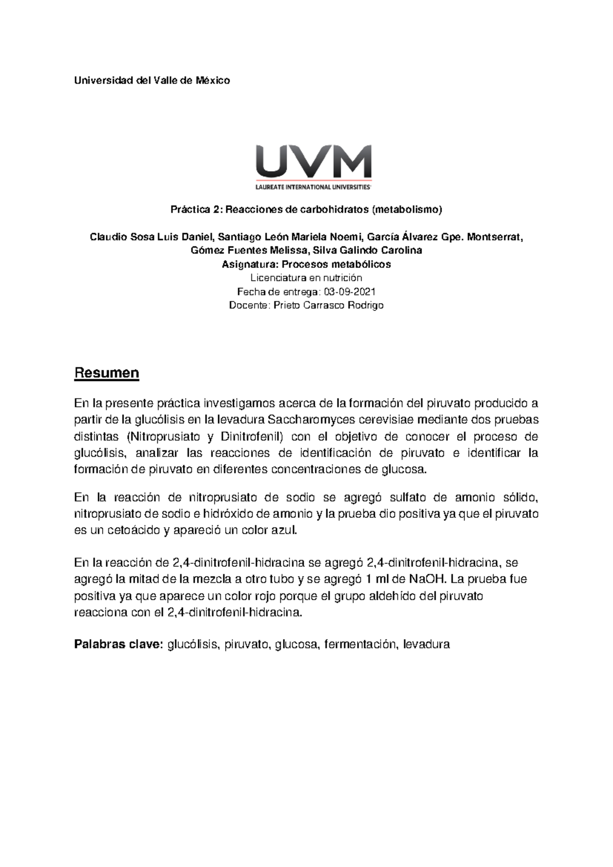 Práctica 2: Producción de Ácido Pirúvico en Fermentación de Glucosa - Document Preview