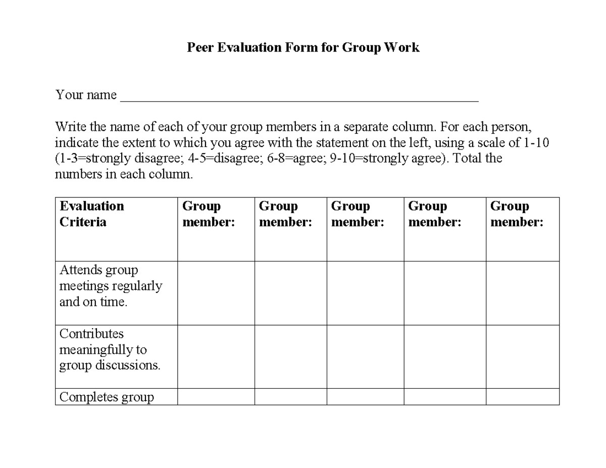 Peer Evaluation Form for Group Work: Assessment Tool - Studocu