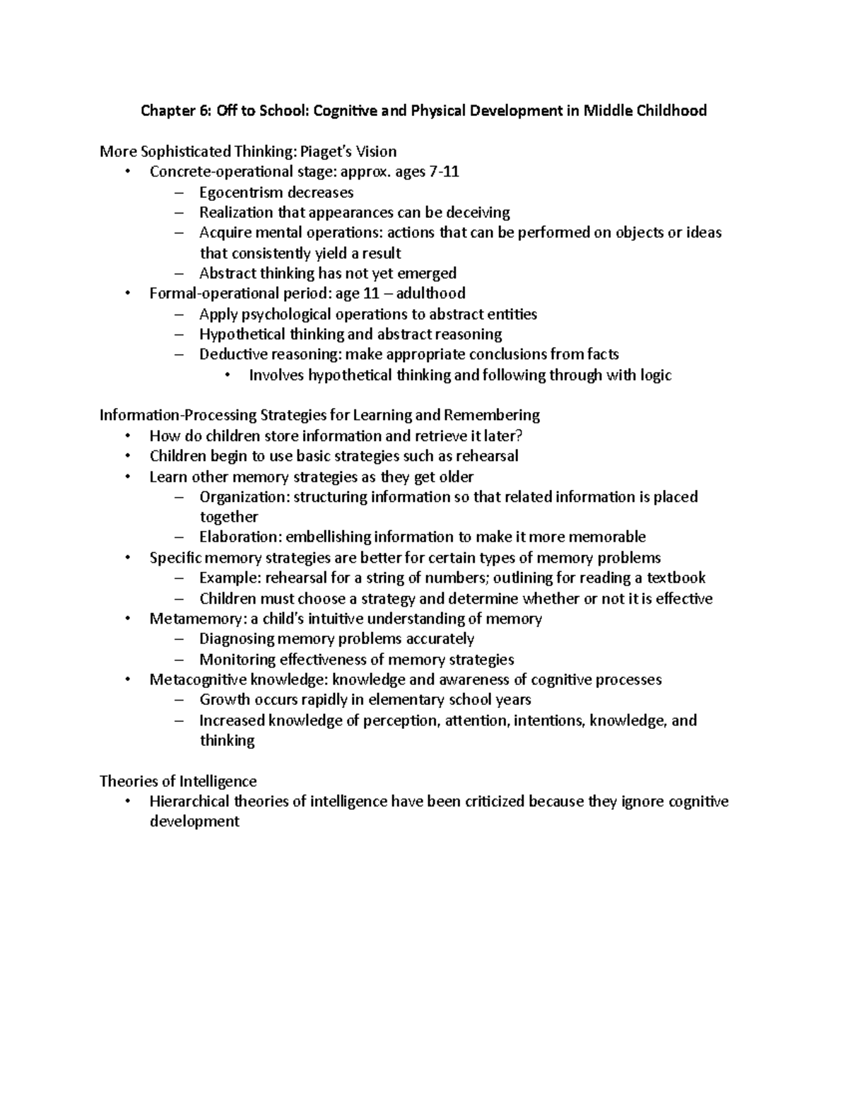 Chapter 6 Notes - Cognitive & Physical Development in Middle Childhood ...
