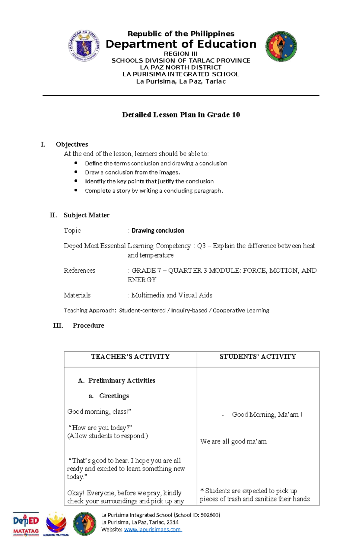 Grade 10 English DLP: Drawing Conclusions and Evaluations - Studocu