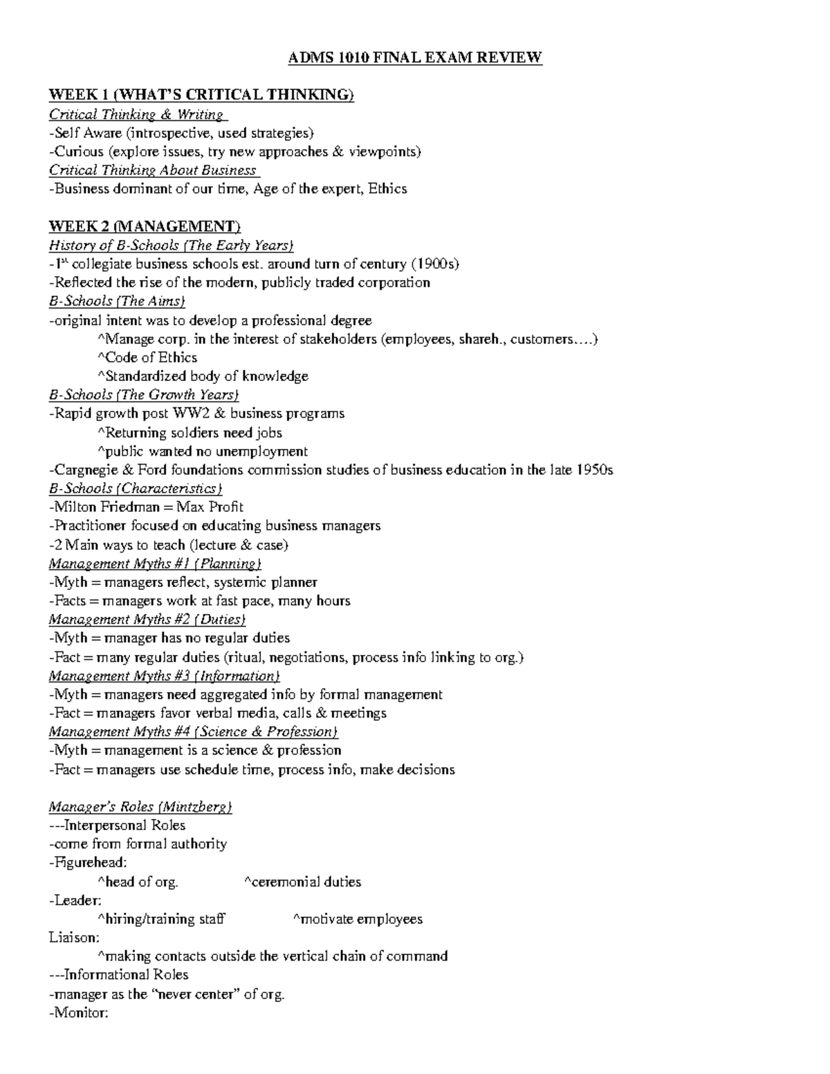 ADMS 1010 Final Exam Review: Key Insights and Concepts - Studocu