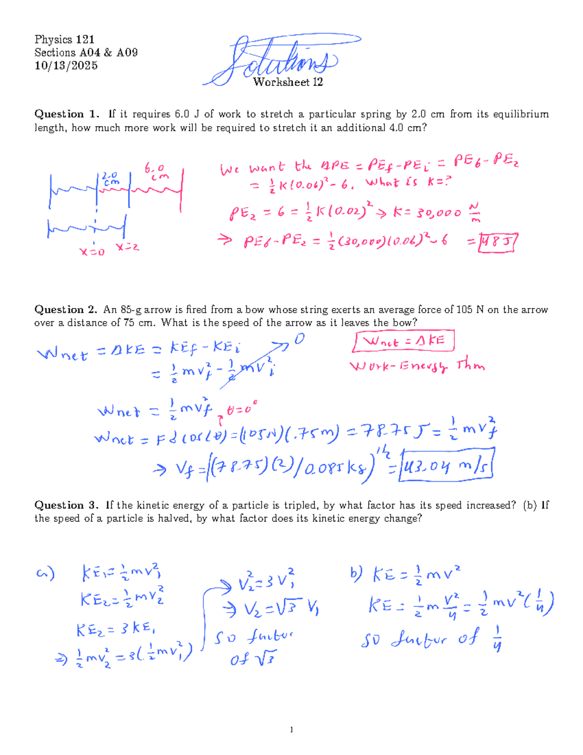 Physics 121 Worksheet N12 Solutions: Work & Energy Problems - Studocu