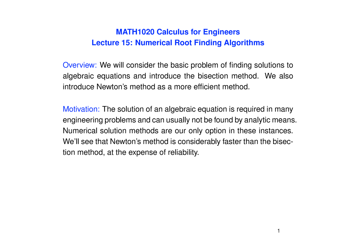 MATH1020 Calculus for Engineers Lecture 15: Root Finding Methods - Studocu