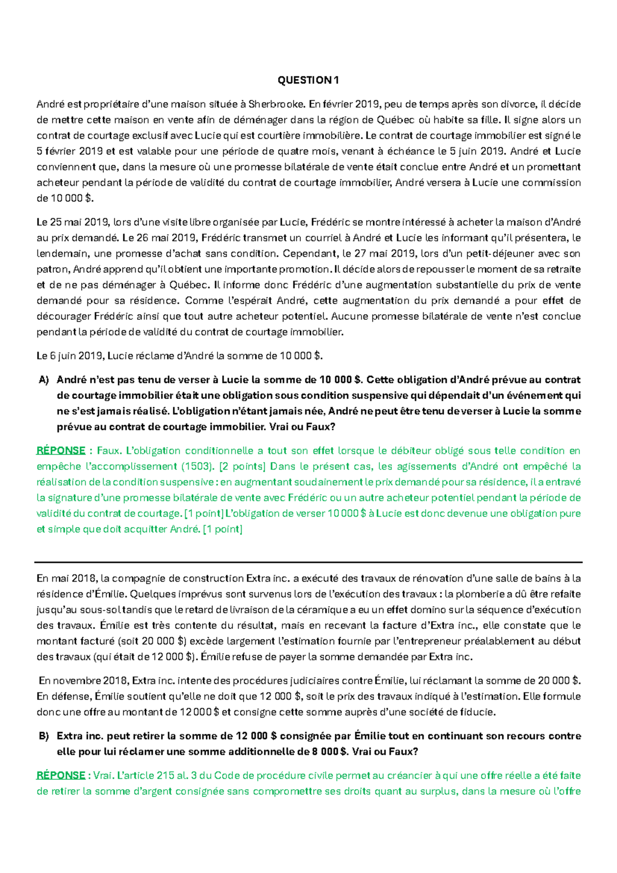 Obligation final - notes de cours dufour - QUESTION 1 André est ...
