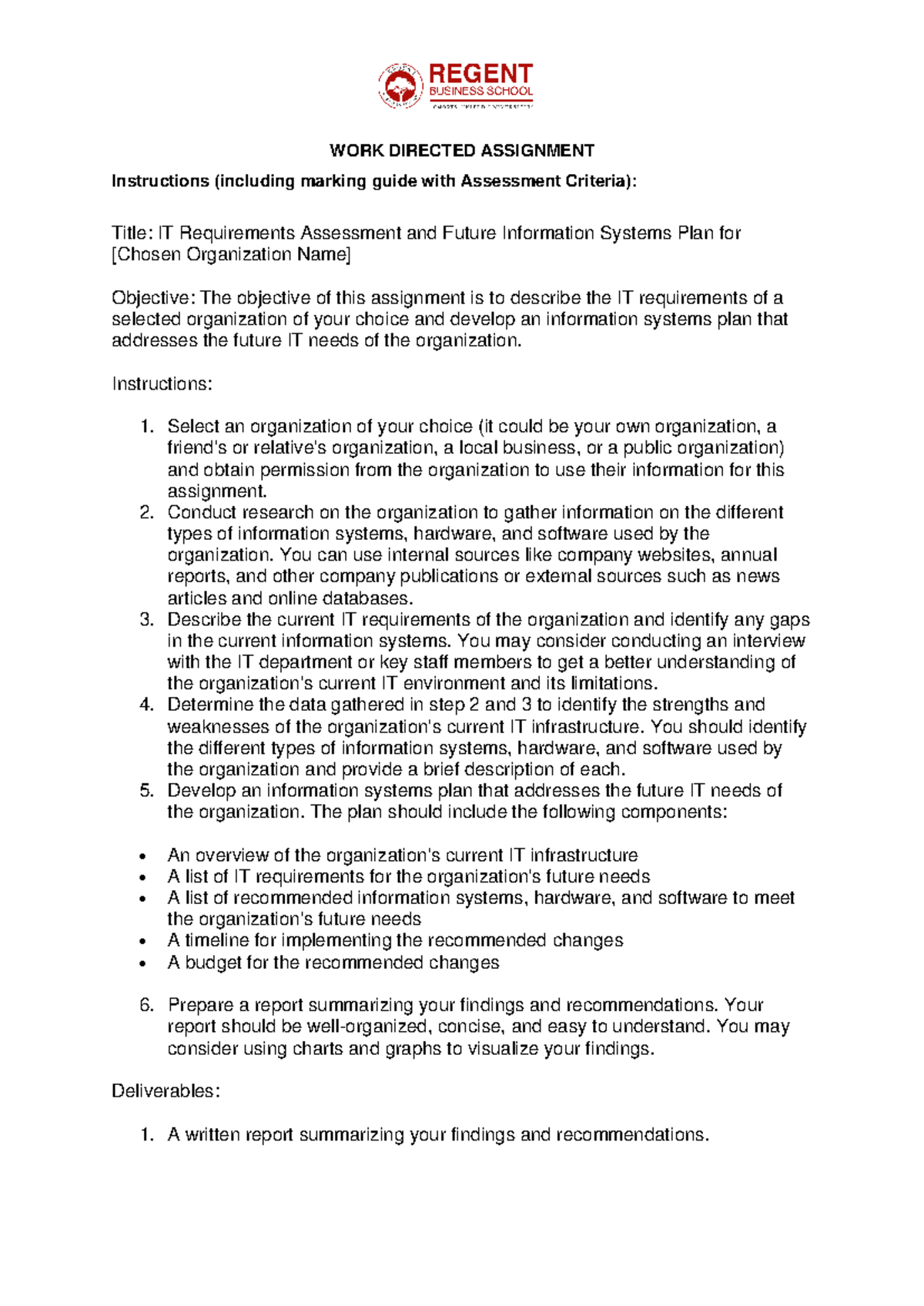 WDA BIS - Work Directed Assignment: IT Requirements Assessment Plan ...