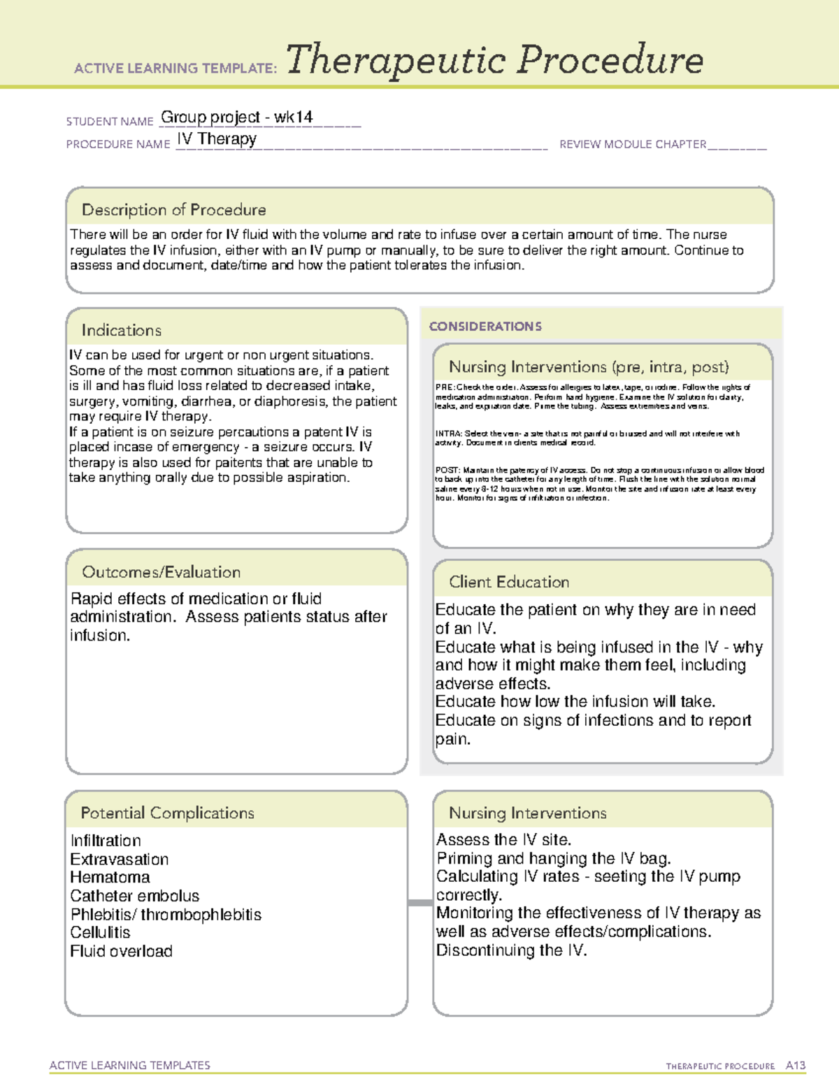 IV Therapy ATI Therapeutic Procedure Active Learning Template Studocu