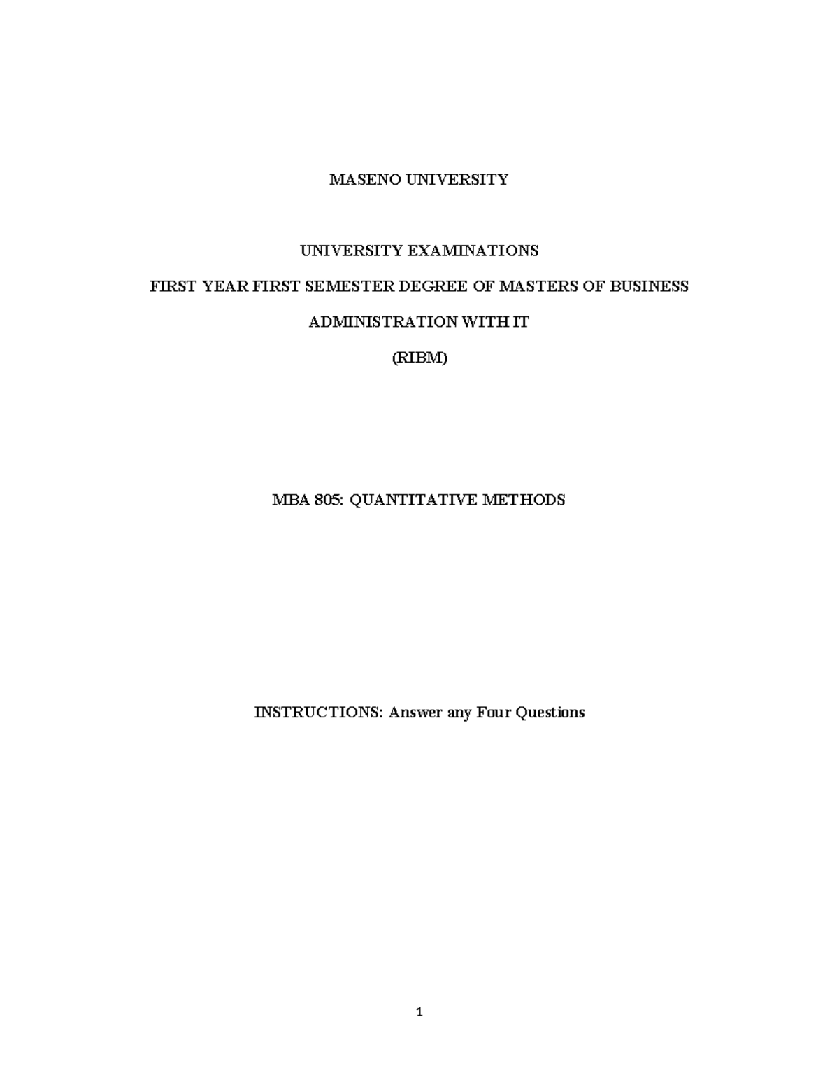 MBA 805: Quantitative Methods - Draft Exam Structure & Questions - Studocu