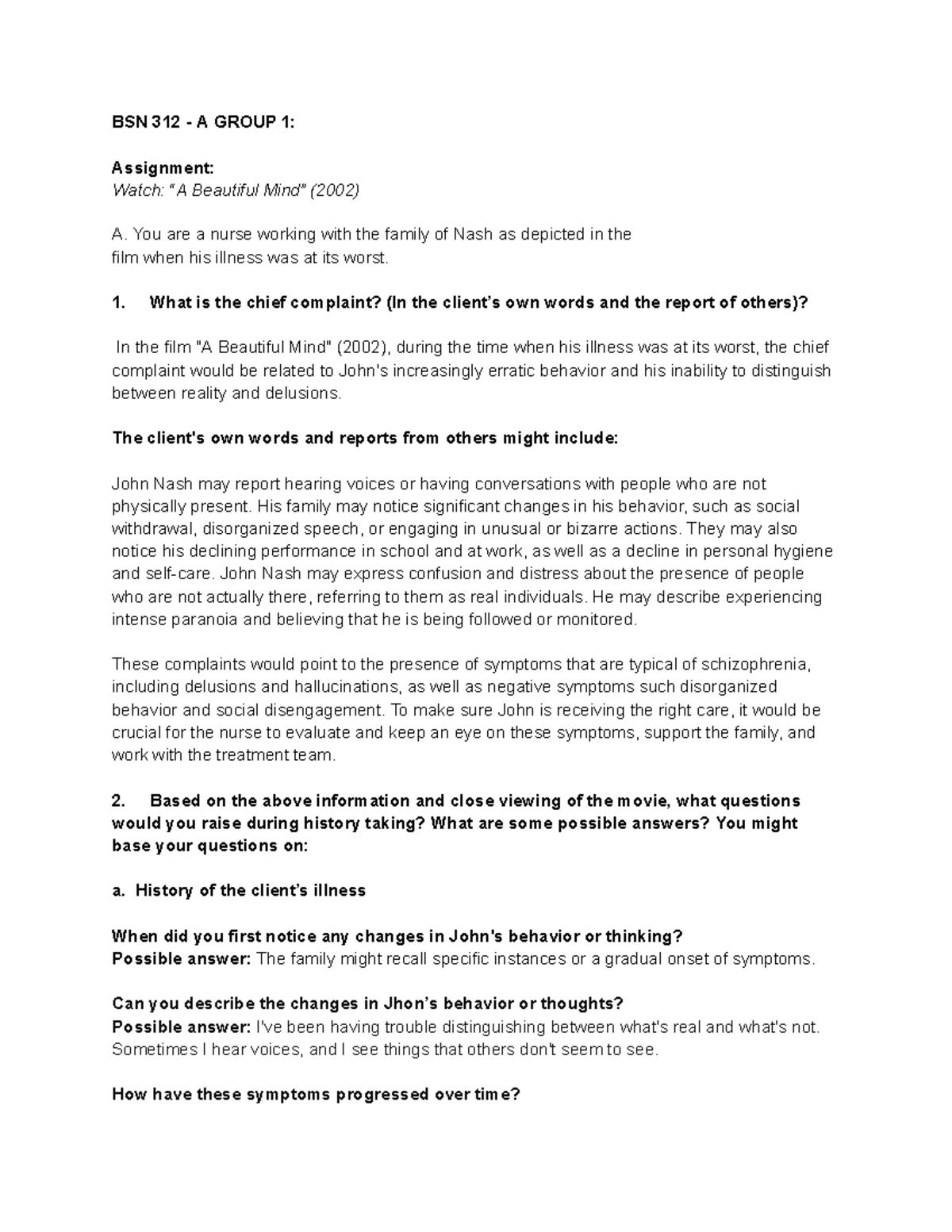 BSN 312 - Group Assignment: Nursing Care for Schizophrenia Example ...