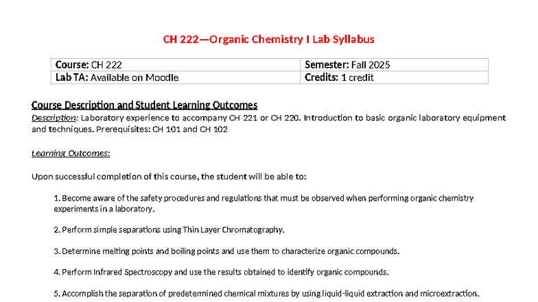 CH 222 Organic Chemistry Lab Syllabus - Fall 2025 - Studocu