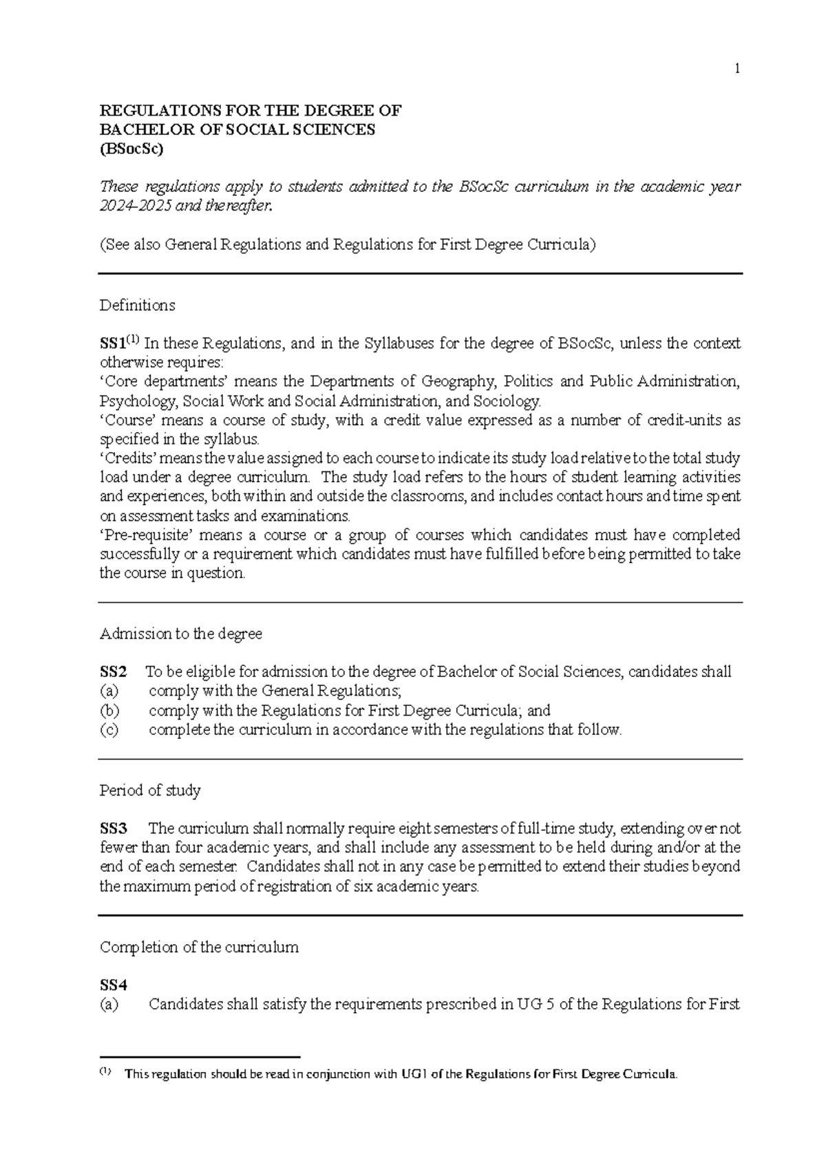 Regulations for the Bachelor of Social Sciences (BSocSc) Degree 2024-25 ...