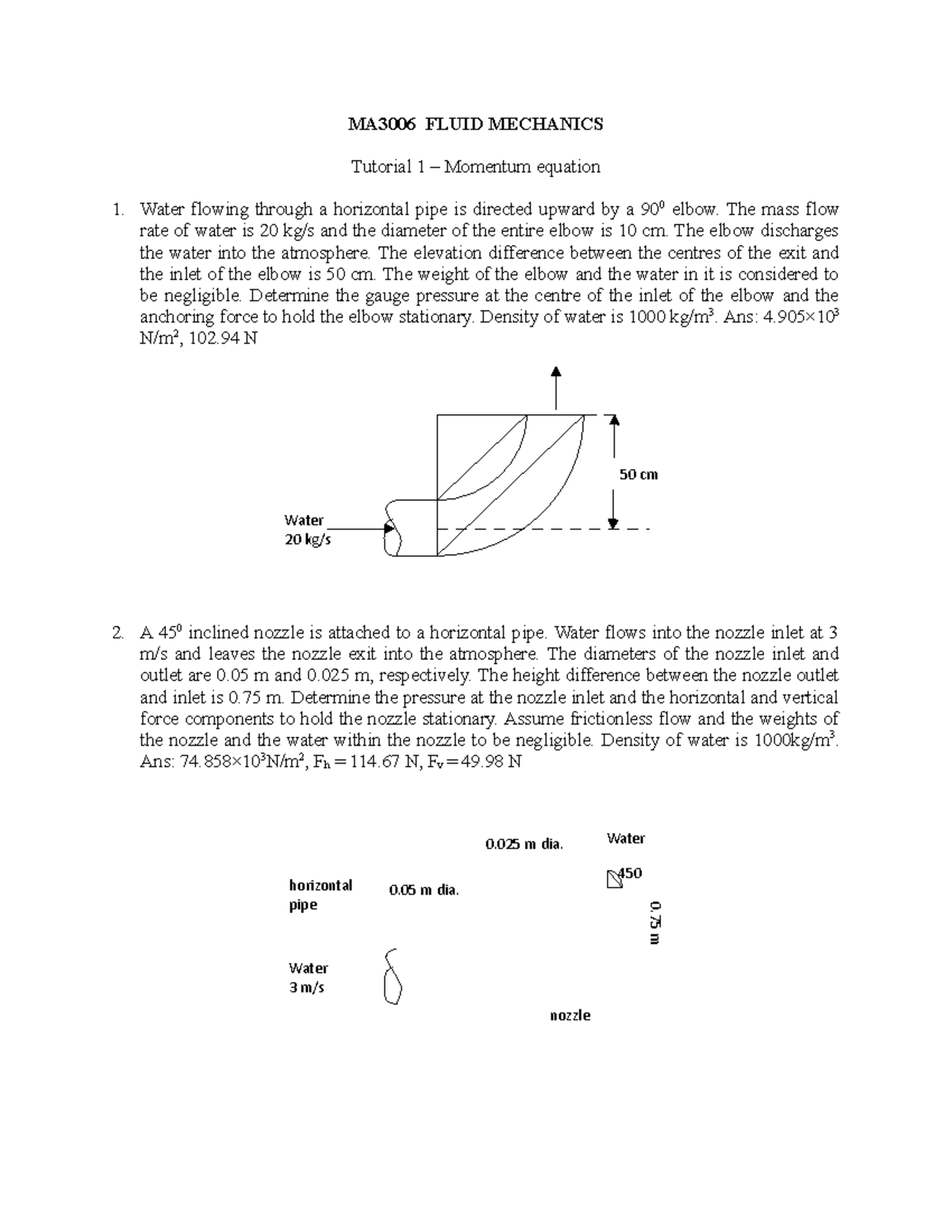 MA3006 Fluid Mechanics Tutorial 1-5: Momentum & Energy Equations - Studocu
