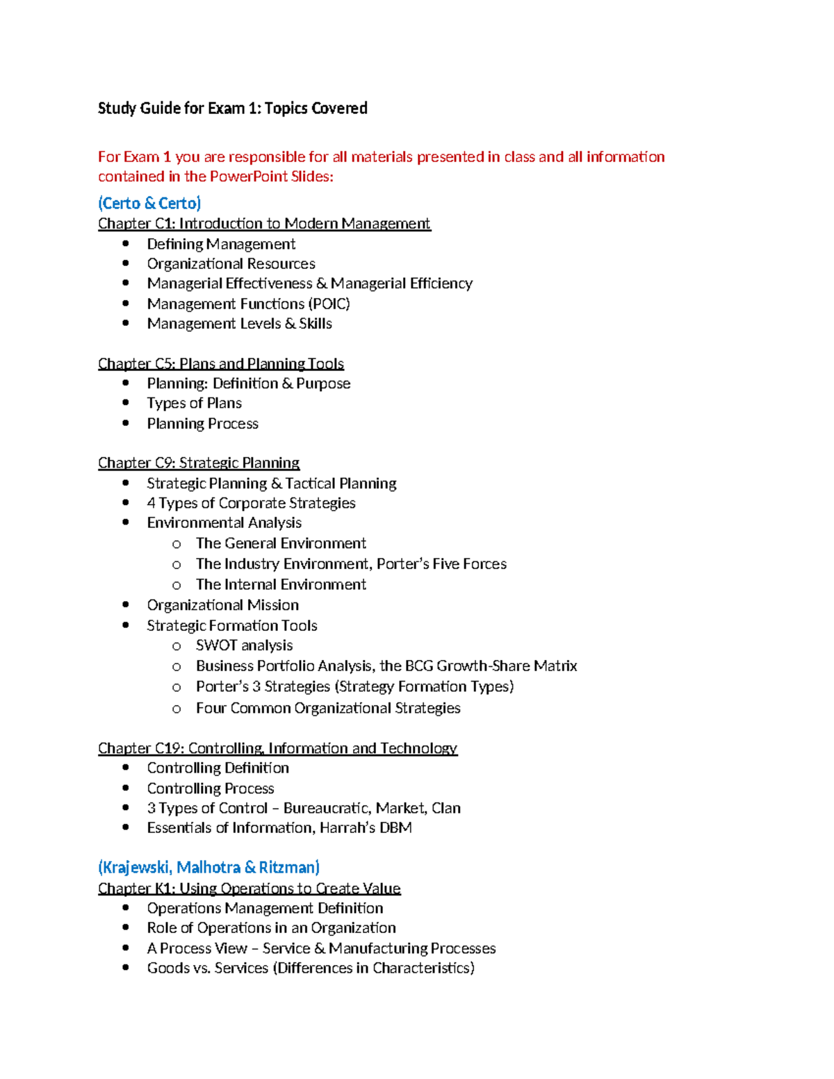 Study Guide for Exam 1 Topics Covered - Study Guide for Exam 1: Topics ...