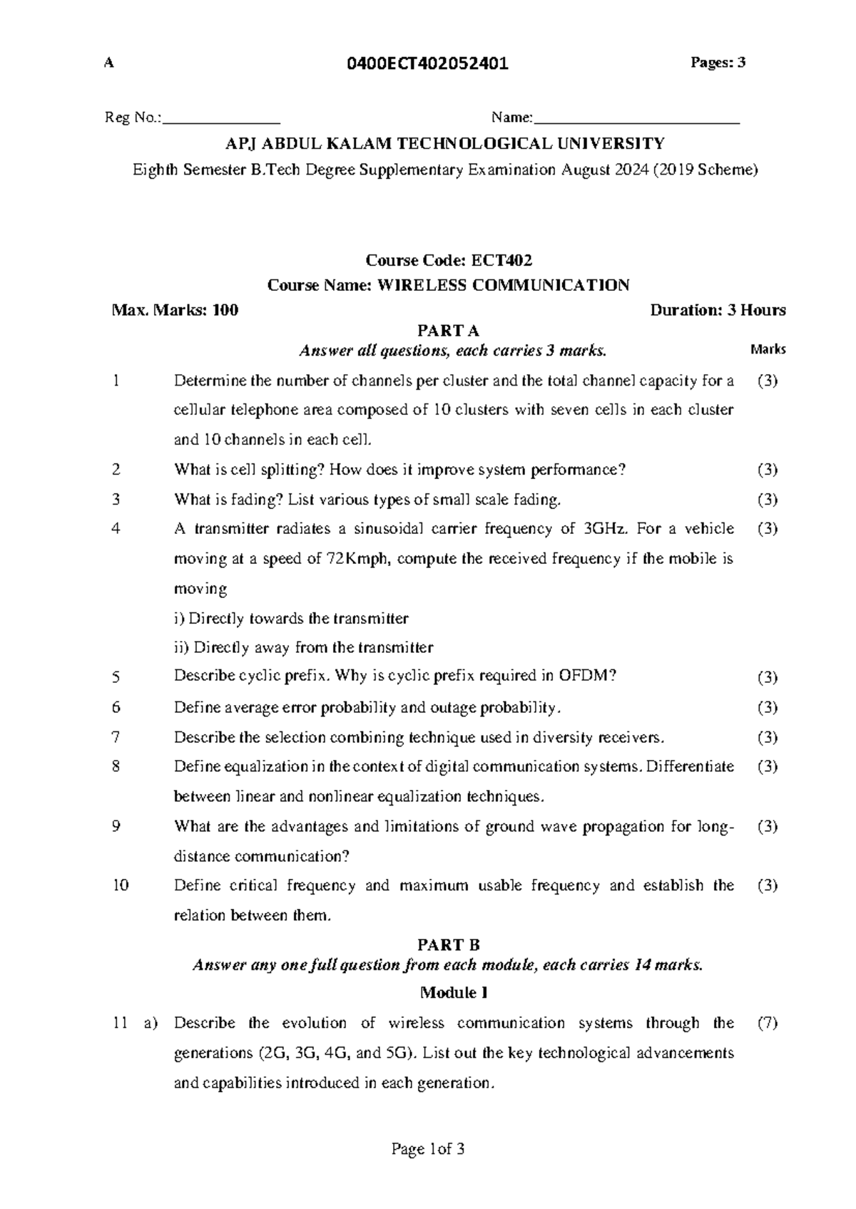 Eighth Sem ECT402 Wireless Communication Supplementary Exam QP - Studocu