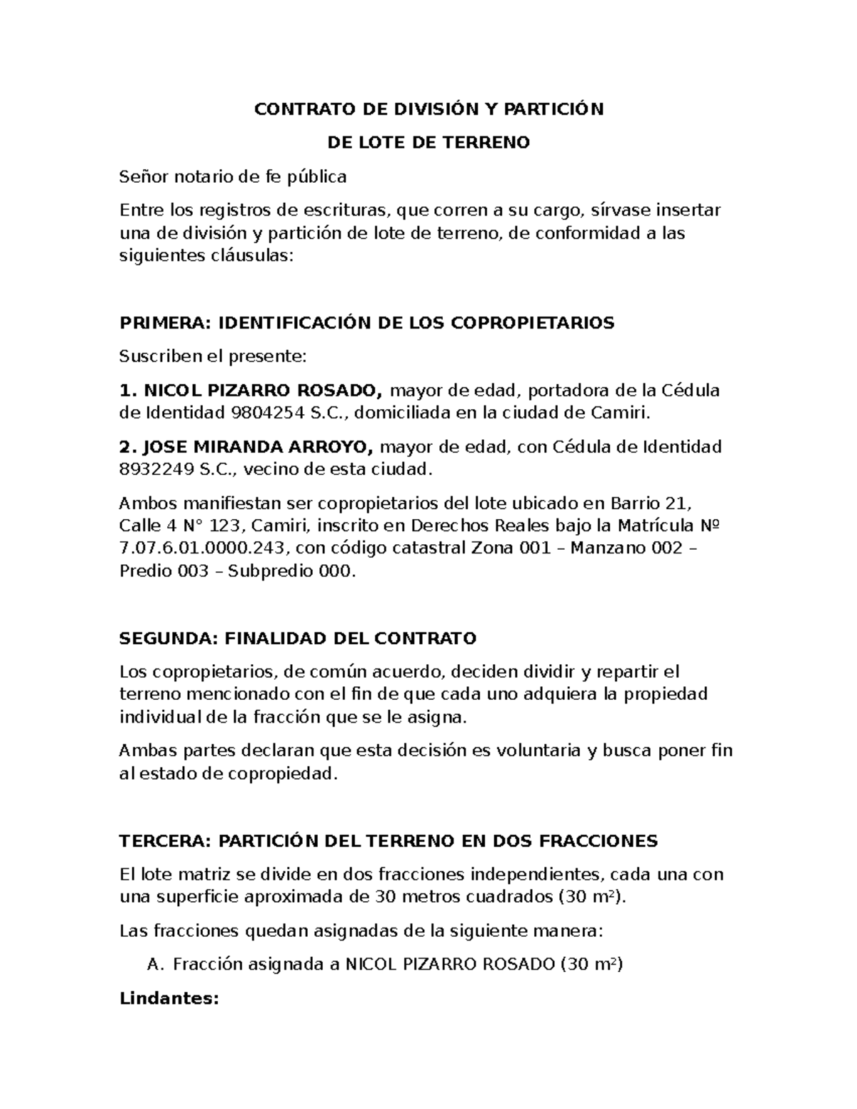 Contrato de División y Partición de Lote de Terreno en Camiri - Studocu