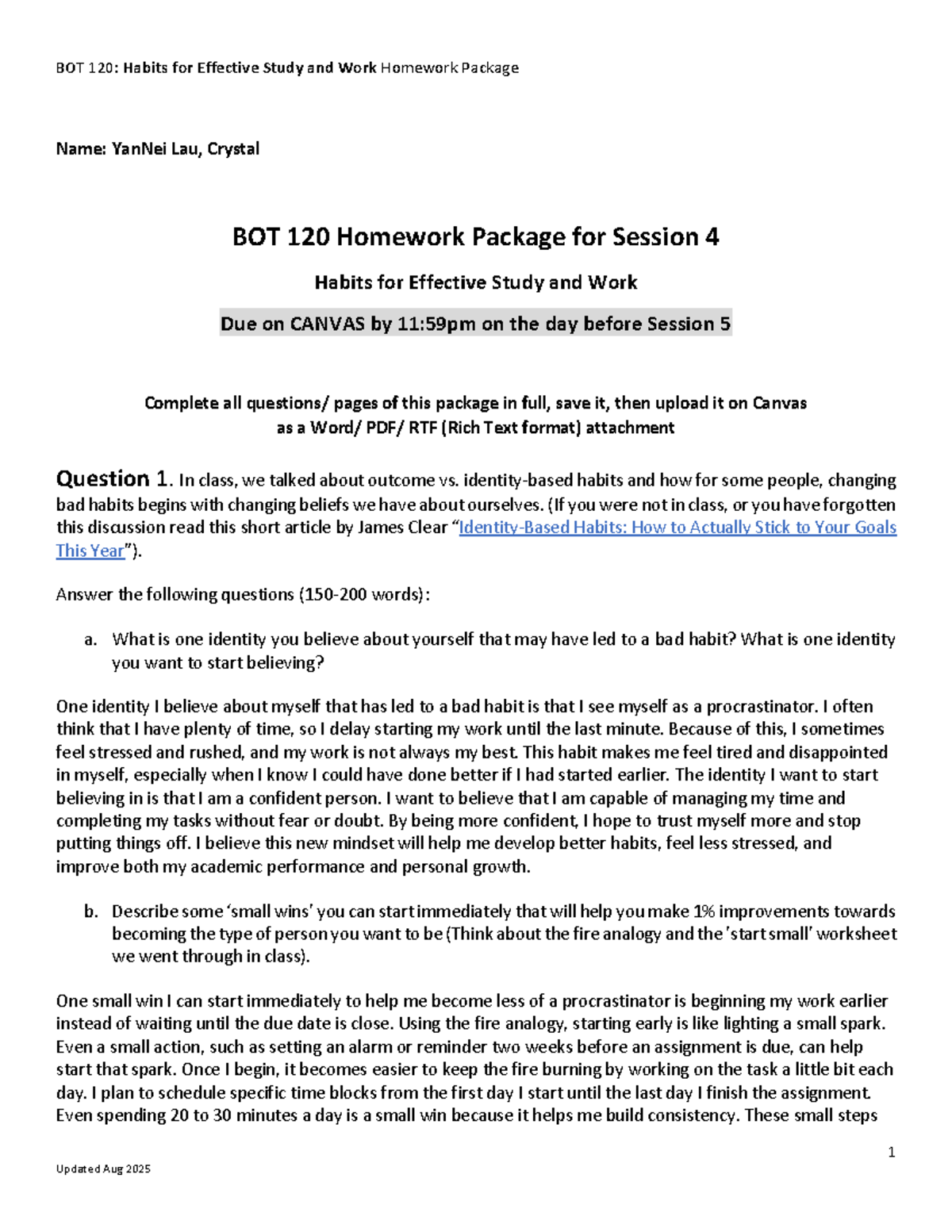 BOT 120: Session 4 Homework on Effective Study Habits and ...