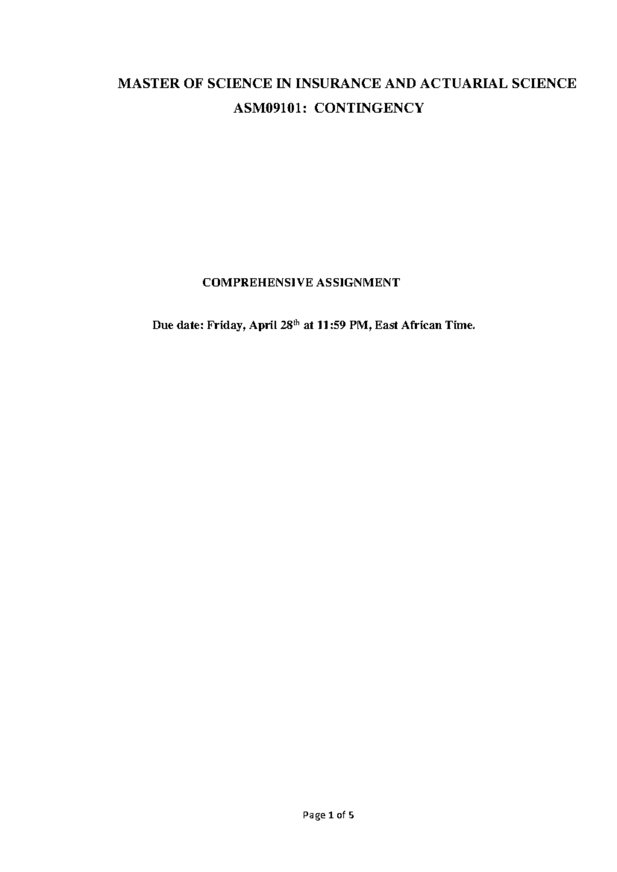 ASM09101 Contingency Assignment - MASTER OF SCIENCE IN INSURANCE AND ...