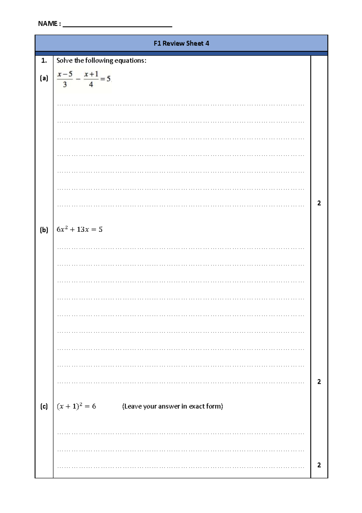 F1.1 - Review Sheet 4 - Practice Questions and Solutions - Studocu