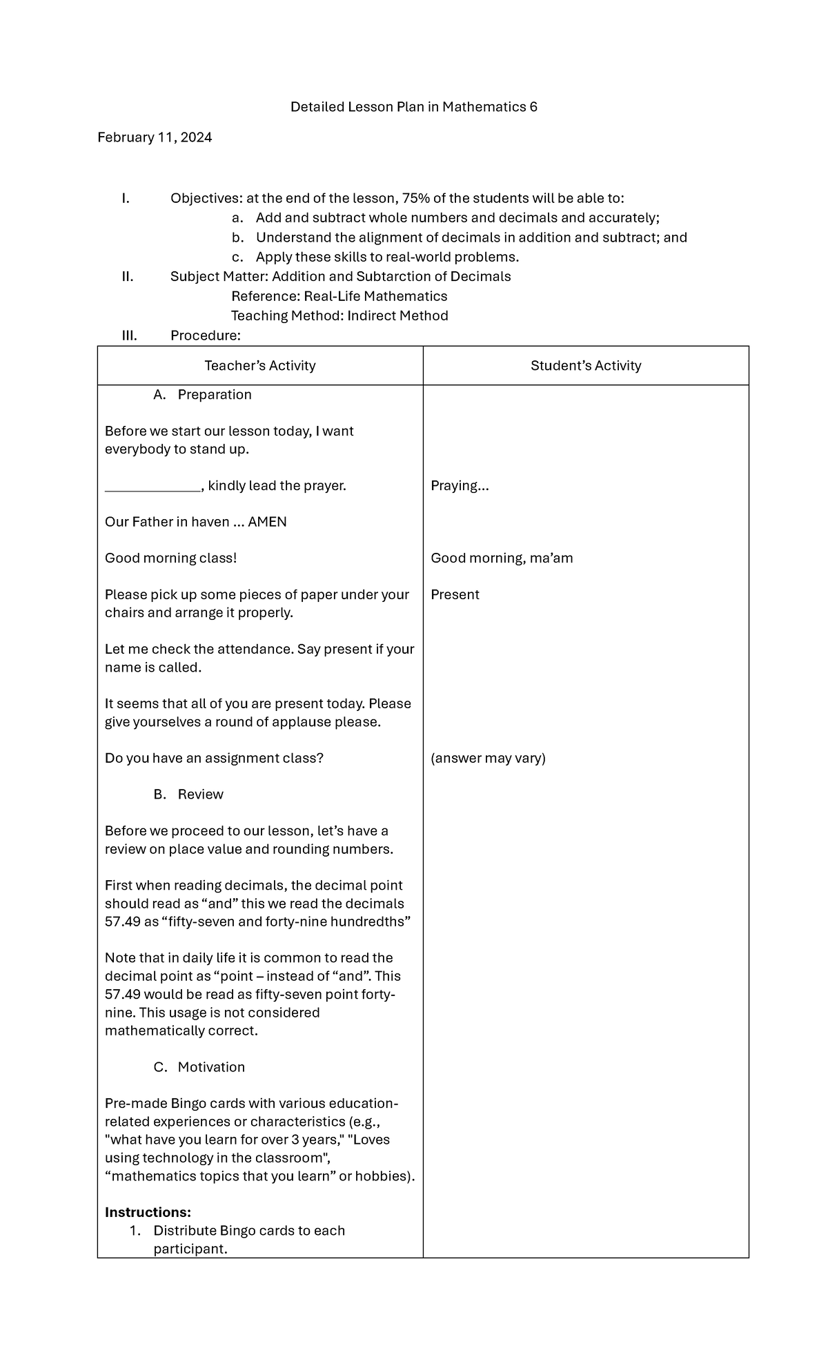 Mathematics 6 Detailed Lesson Plan: Adding & Subtracting Decimals - Studocu