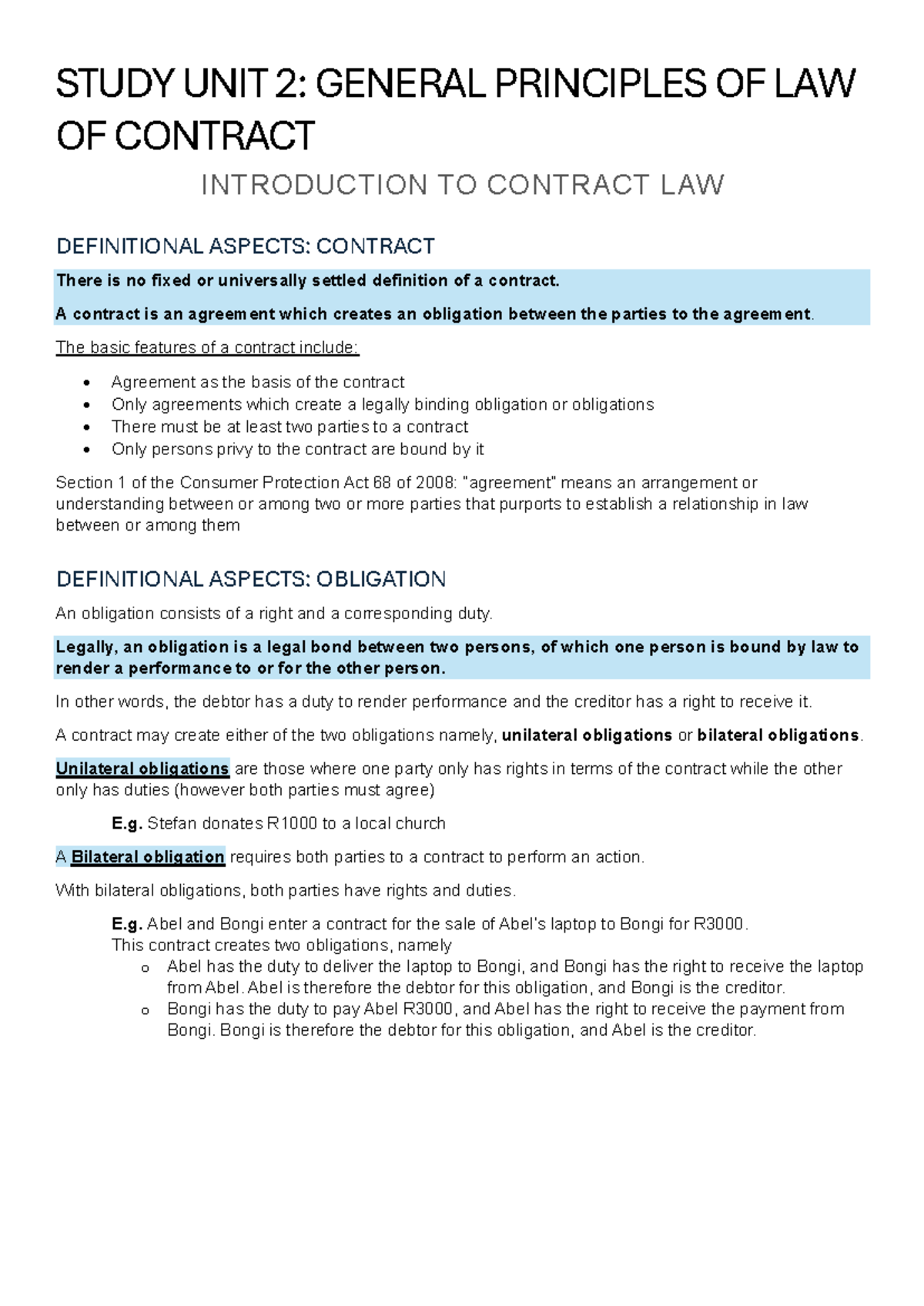 Study Unit 2: General Principles of Contract Law Notes - Studocu