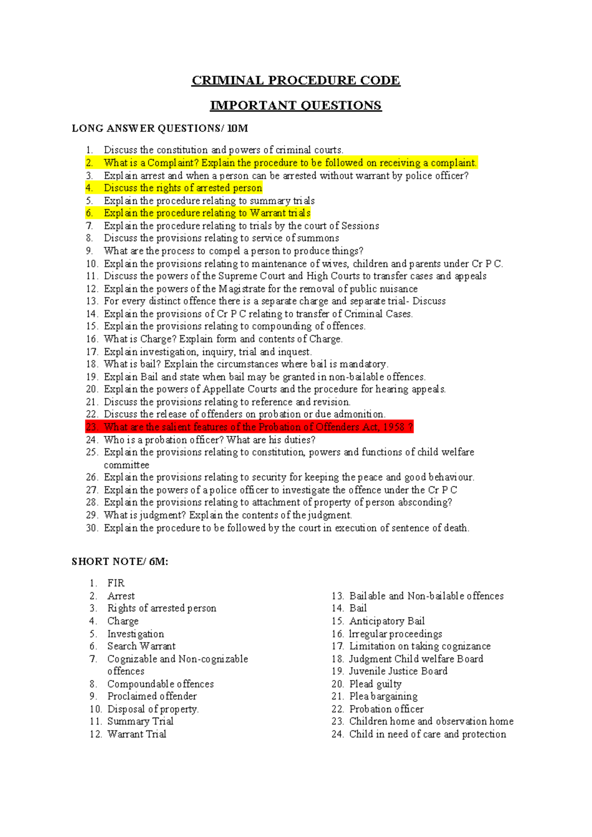 Cr P C - Essential Long Answer & Short Note Questions - Studocu