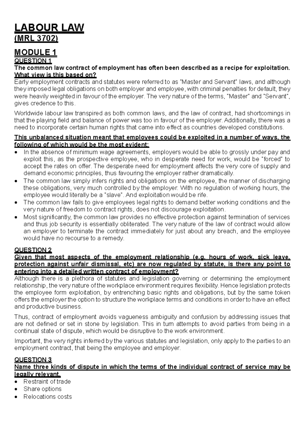 Labour Law Insights and Case Studies (MRL 3702) - Comprehensive Notes ...