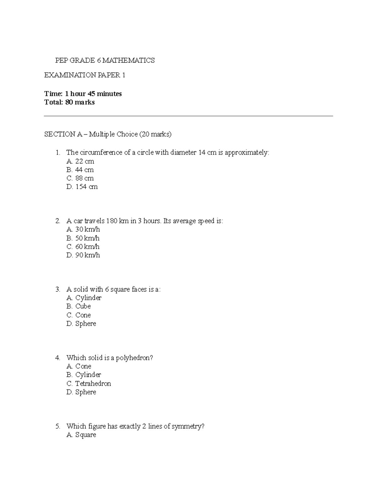 PEP GRADE 6 MATHEMATICS PRACTICE PAPER 3 - Studocu