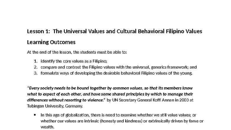 Lesson 1: Understanding Filipino Values and Universal Principles - Studocu