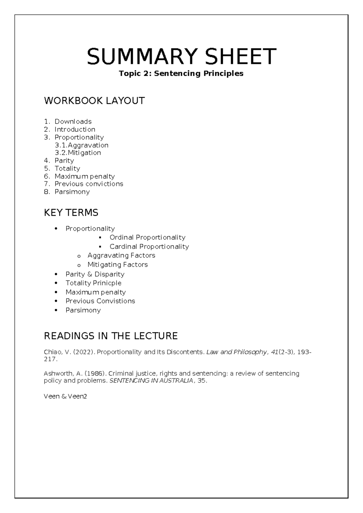 Summaries - Week 2 - SUMMARY SHEET Topic 2: Sentencing Principles ...