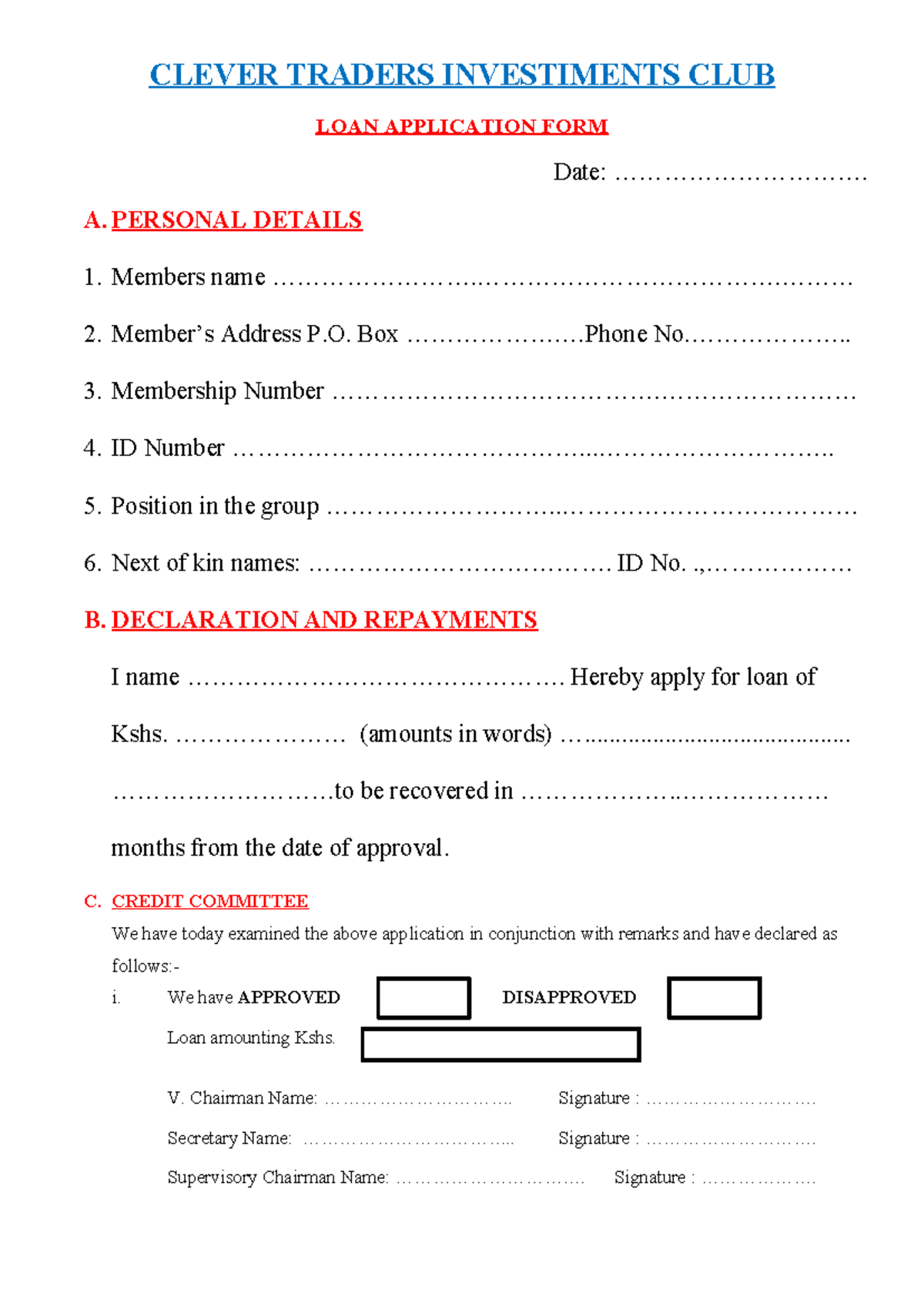 Clever Traders Investiments CLUB LOAN Application FORM - CLEVER TRADERS ...