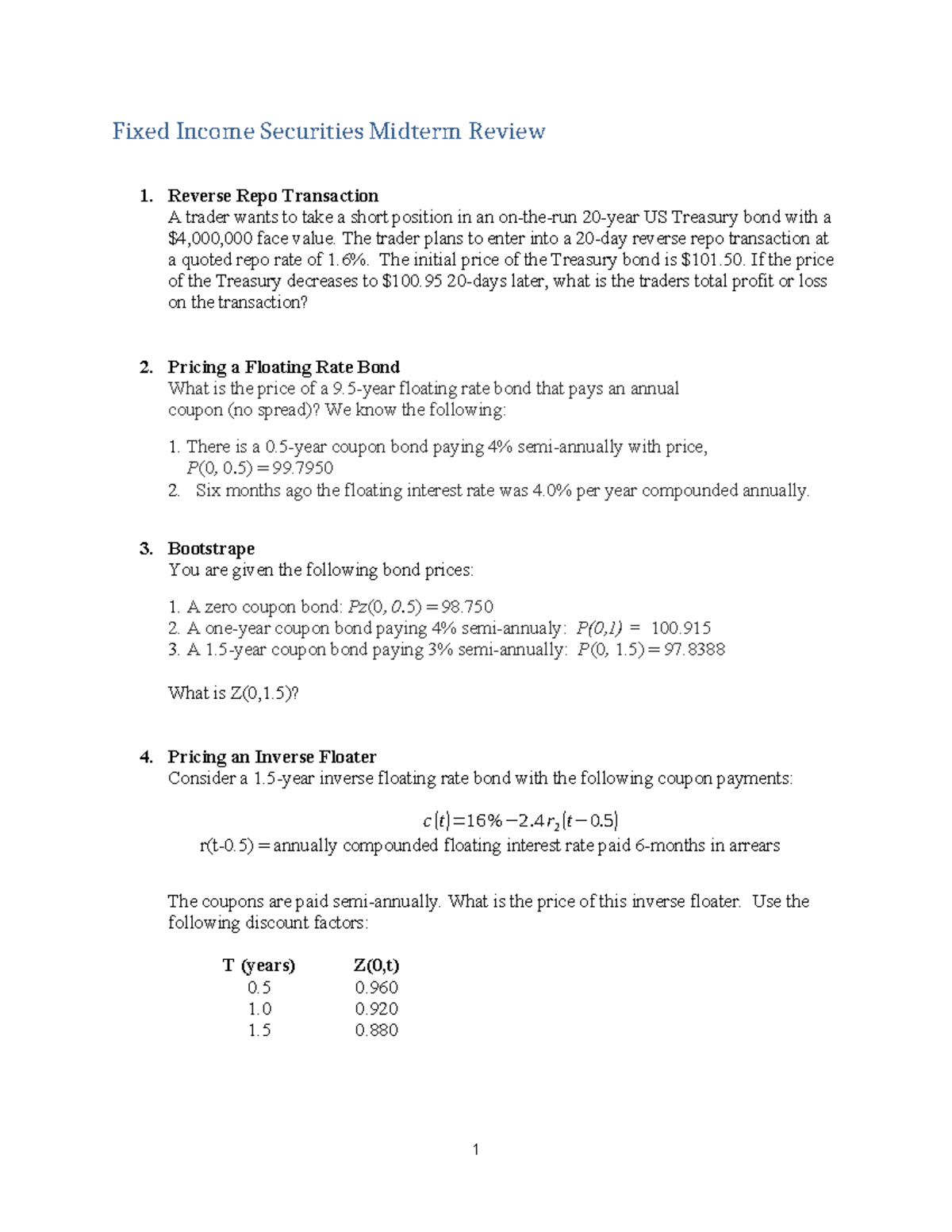 Fixed Income Securities (FIN 301) Midterm Review Questions - Studocu