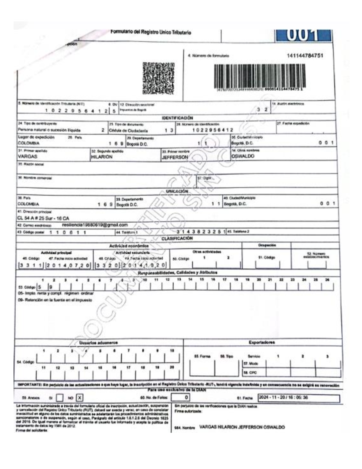 Formulario de Registro Único Tributario (RUT) - 001 y NIT 141144784751 ...