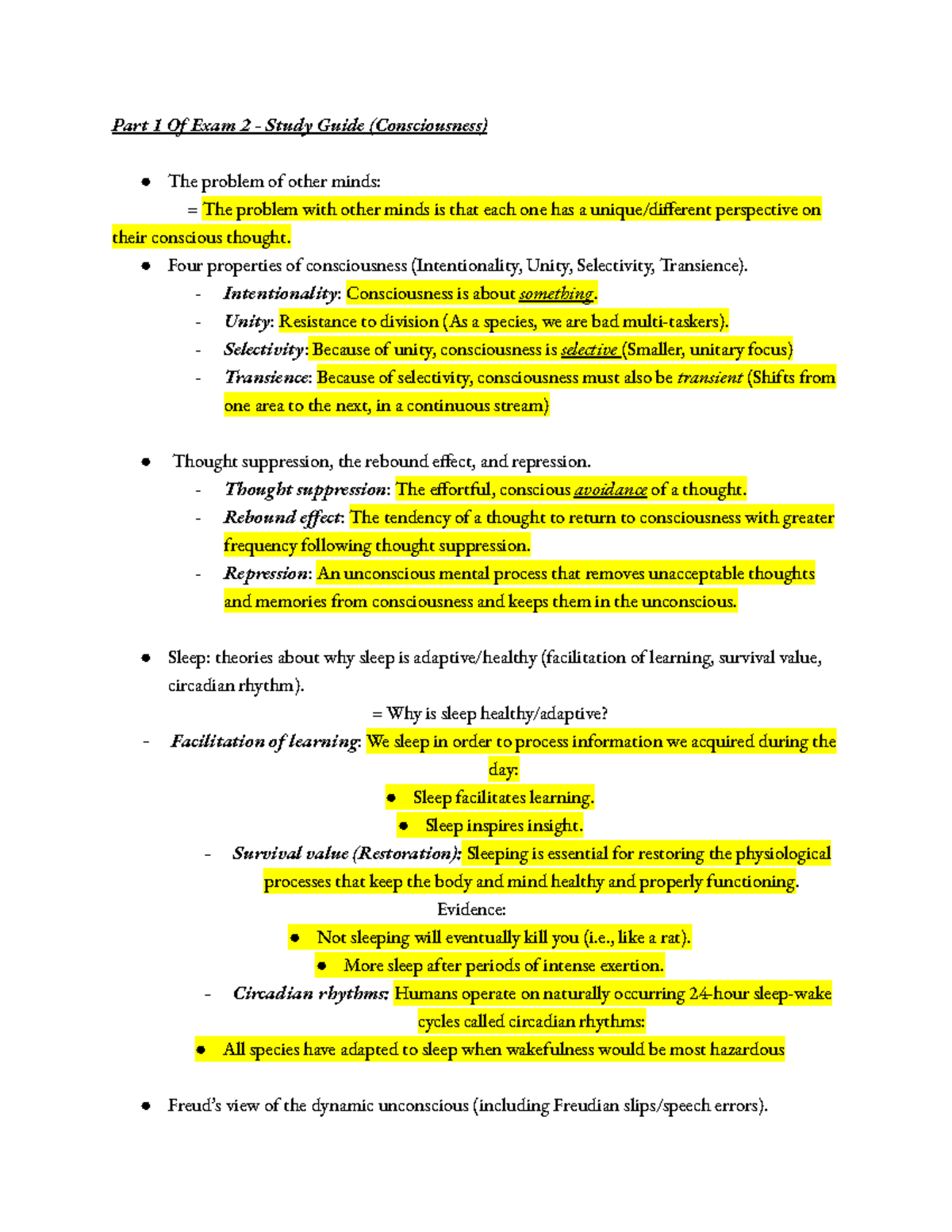 Study Guide for Exam 2: Key Concepts in Consciousness - Studocu