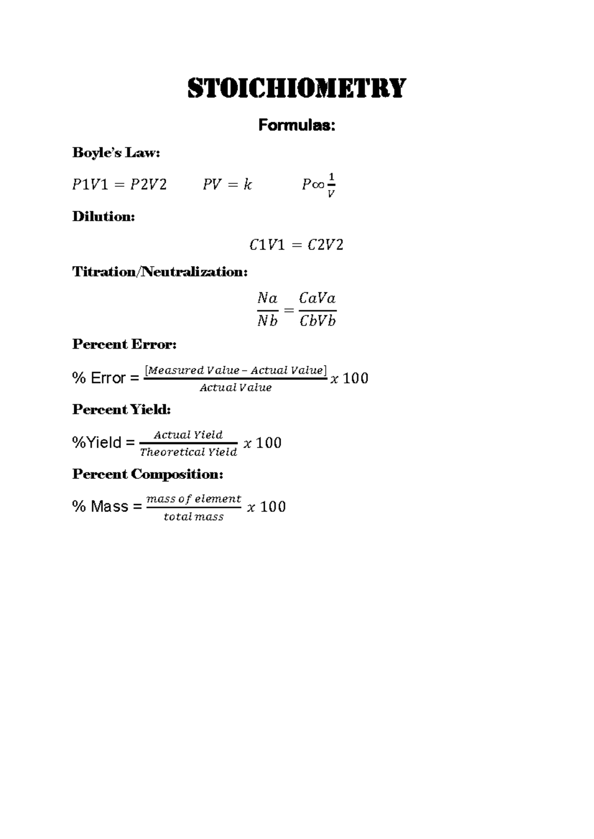STOICHIOMETRY 1: Key Formulas and Concepts for Success - Studocu