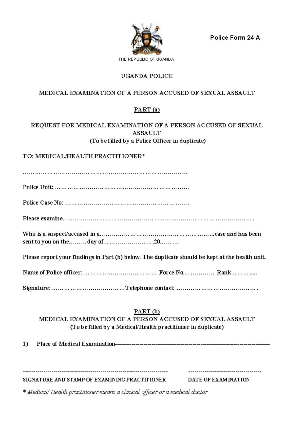 Police Form 24A: Medical Examination for Sexual Assault Cases - Studocu