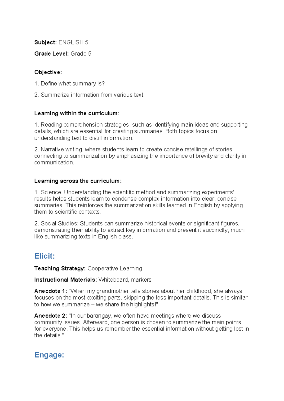 Lesson plan - Subject: ENGLISH 5 Grade Level: Grade 5 Objective: 1 ...