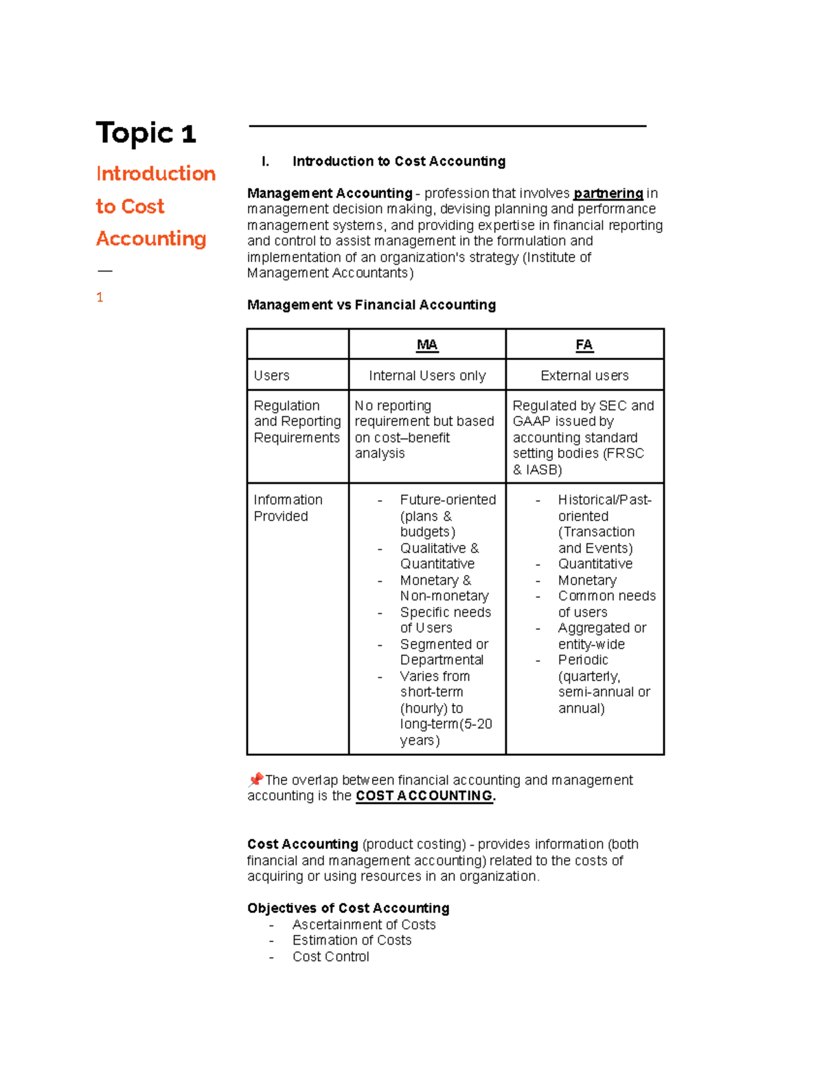 Management Services (MS) - Topic 1 Introduction to Cost Accounting ᅳ 1 ...