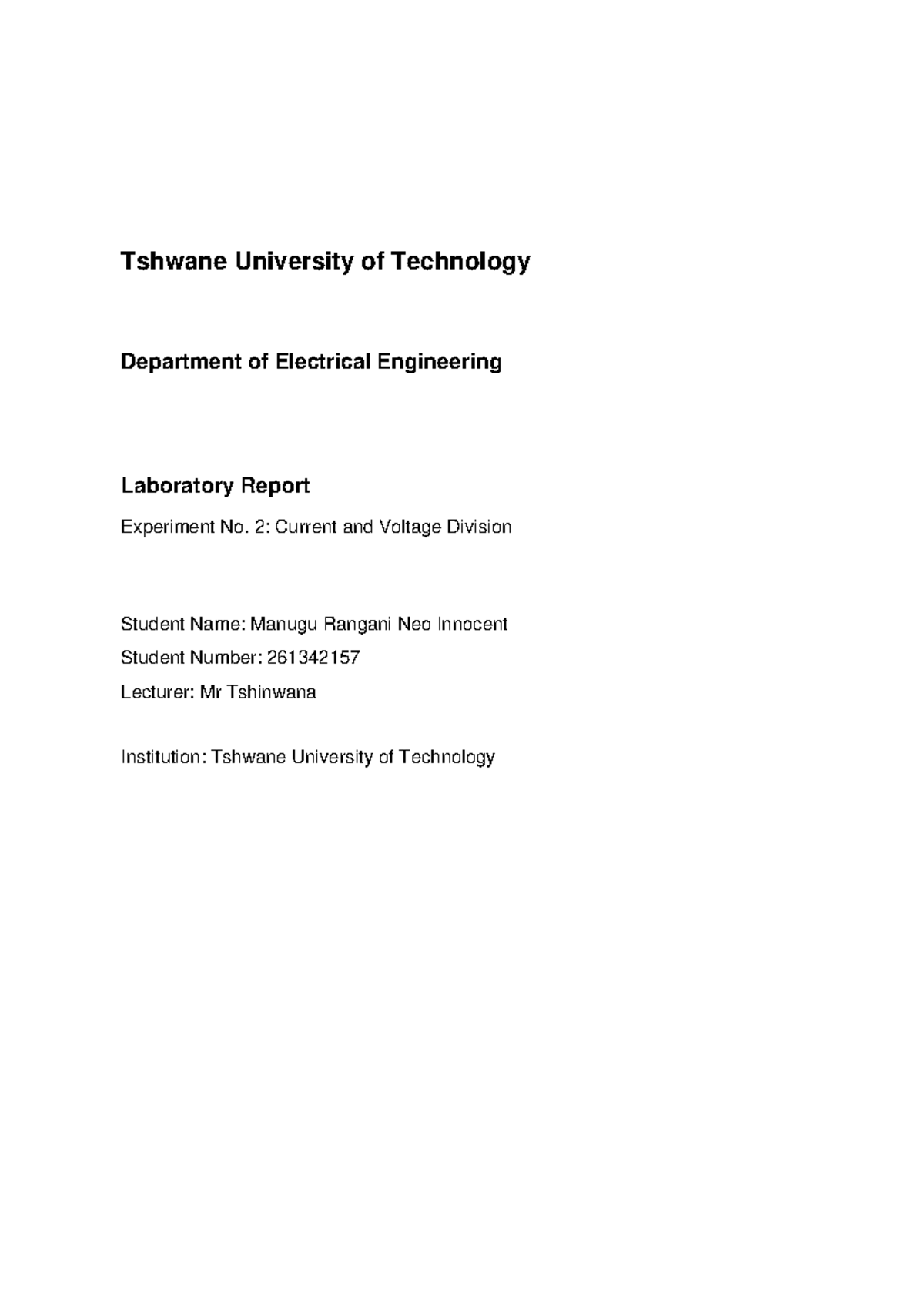 TUT Lab Report: Experiment 2 - Current & Voltage Division - Studocu