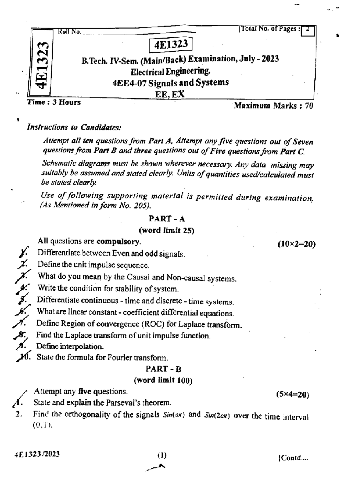 EE 4E1323 B.Tech. Signals and Systems Exam Paper - July 2023 - Studocu